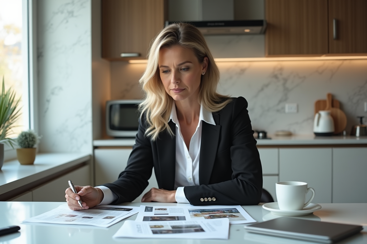 Femme d affaires réfléchissant sur des publicités imprimées