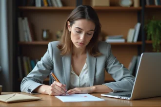 Femme rédigeant une lettre recommandée avec accusé de réception à son bureau à domicile