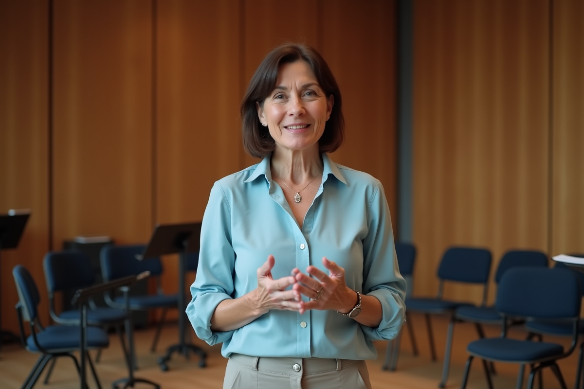 Femme en répétition de voix dans un espace cosy