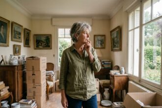 Femme mature réfléchie entourée de cartons et d'objets à trier dans un salon lors du vidage d'une maison avant vente