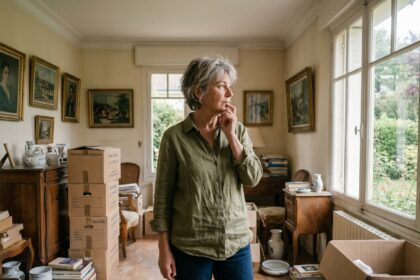 Femme mature réfléchie entourée de cartons et d'objets à trier dans un salon lors du vidage d'une maison avant vente