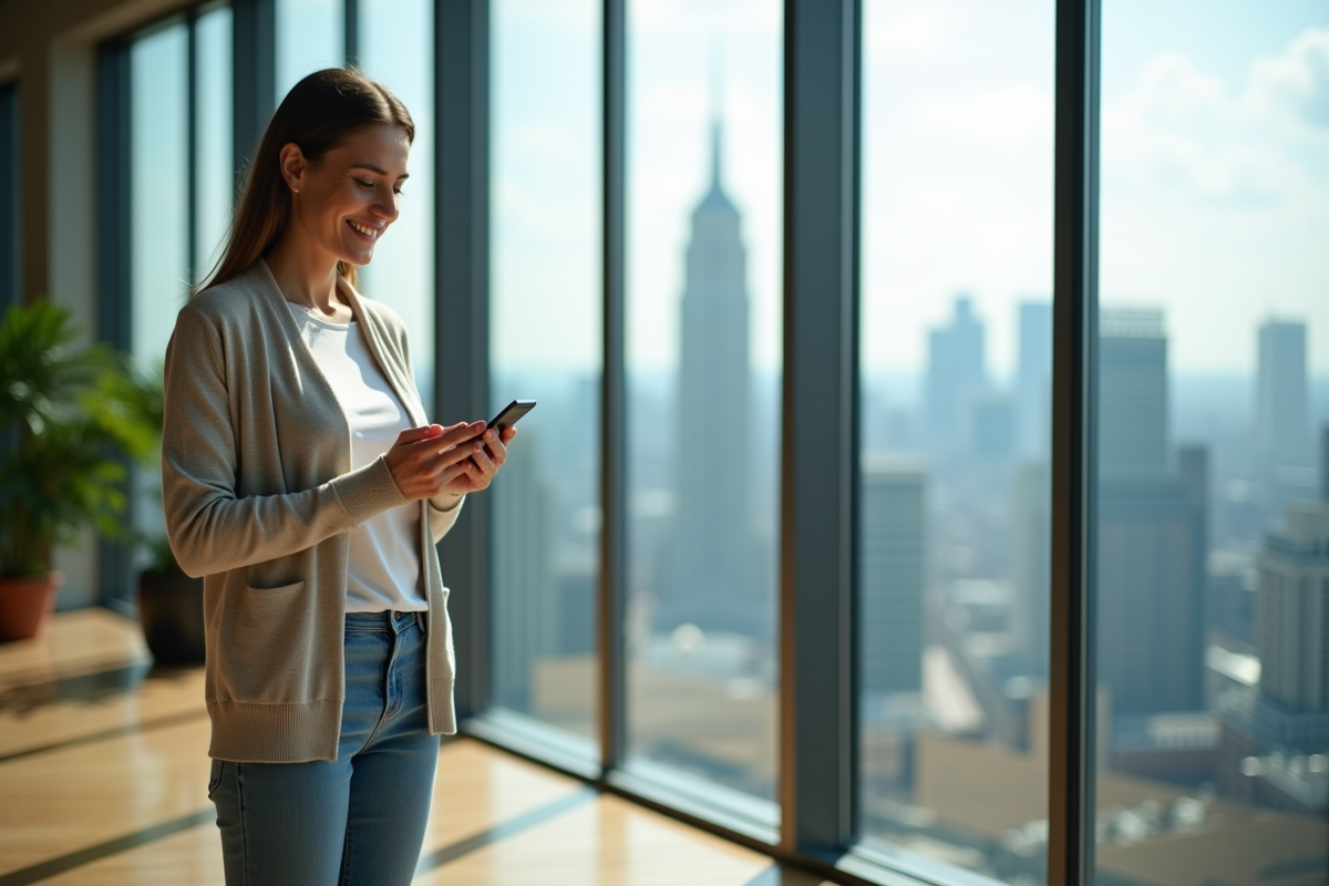 Femme souriante regardant son message sur smartphone dans un bureau