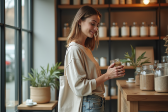 Jeune femme écologique dans une boutique zéro déchet