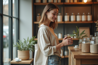 Jeune femme écologique dans une boutique zéro déchet