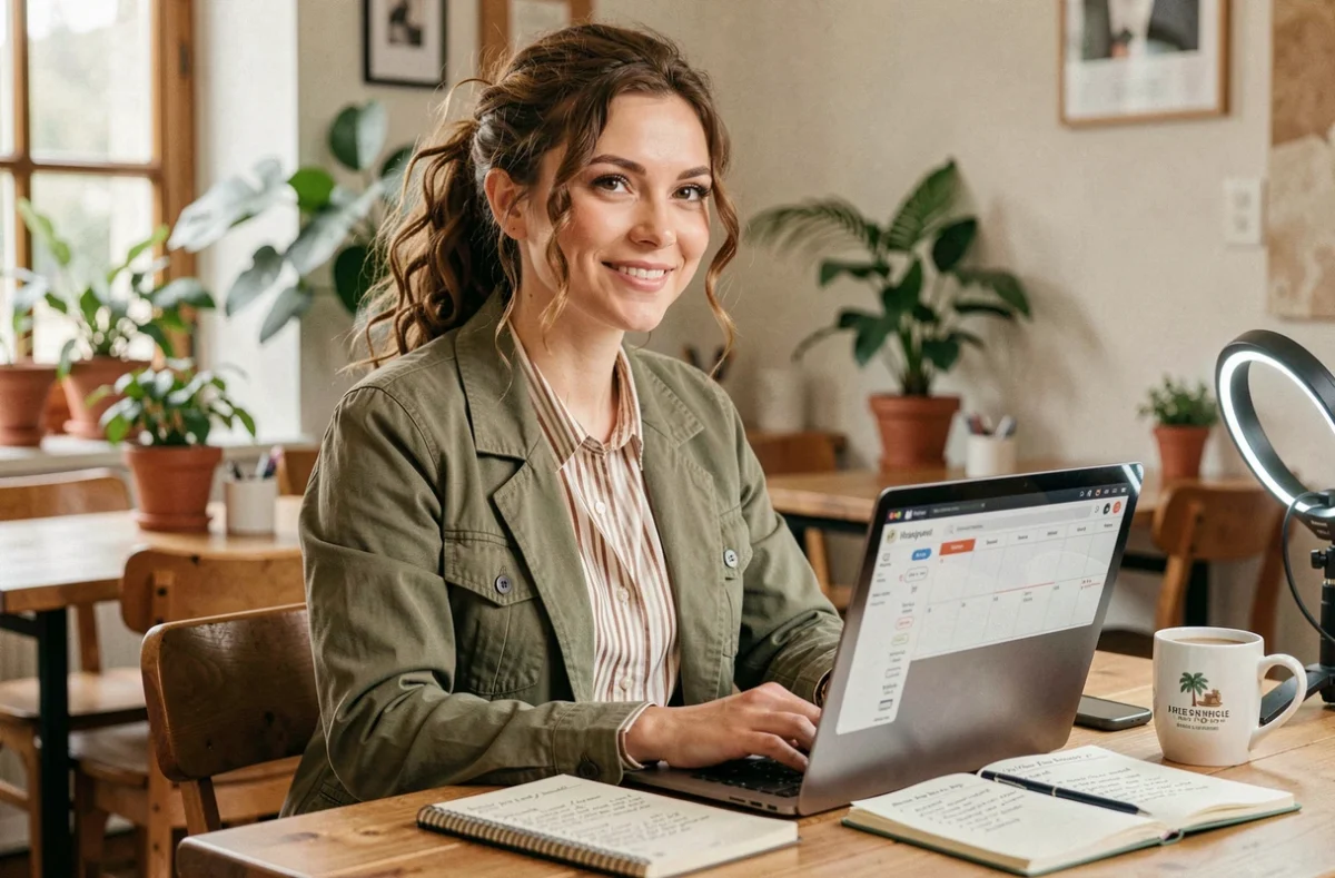 Community manager indépendante Ferreira travaillant sur une stratégie de réseaux sociaux dans un espace de coworking