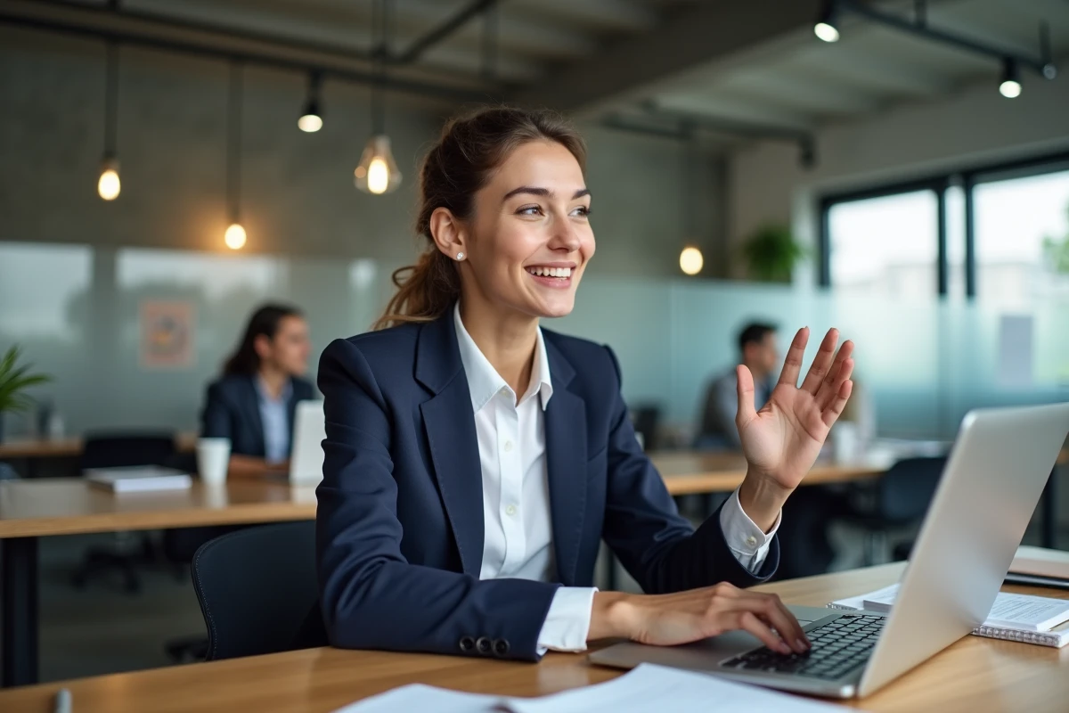 Jeune fondatrice de startup présentant son projet en ligne depuis un espace de co-working moderne en 2026