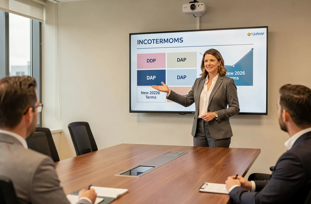 Formatrice présentant les changements des Incoterms 2026 dont le DDP lors d'une session de formation en entreprise