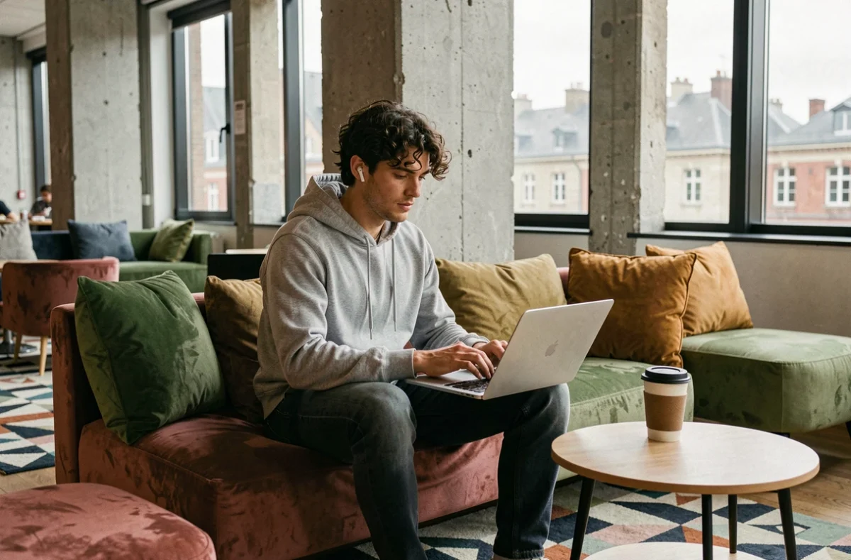 Jeune freelance travaillant sur un canapé dans la zone lounge d'un coworking à Rochefort avec vue sur les toits