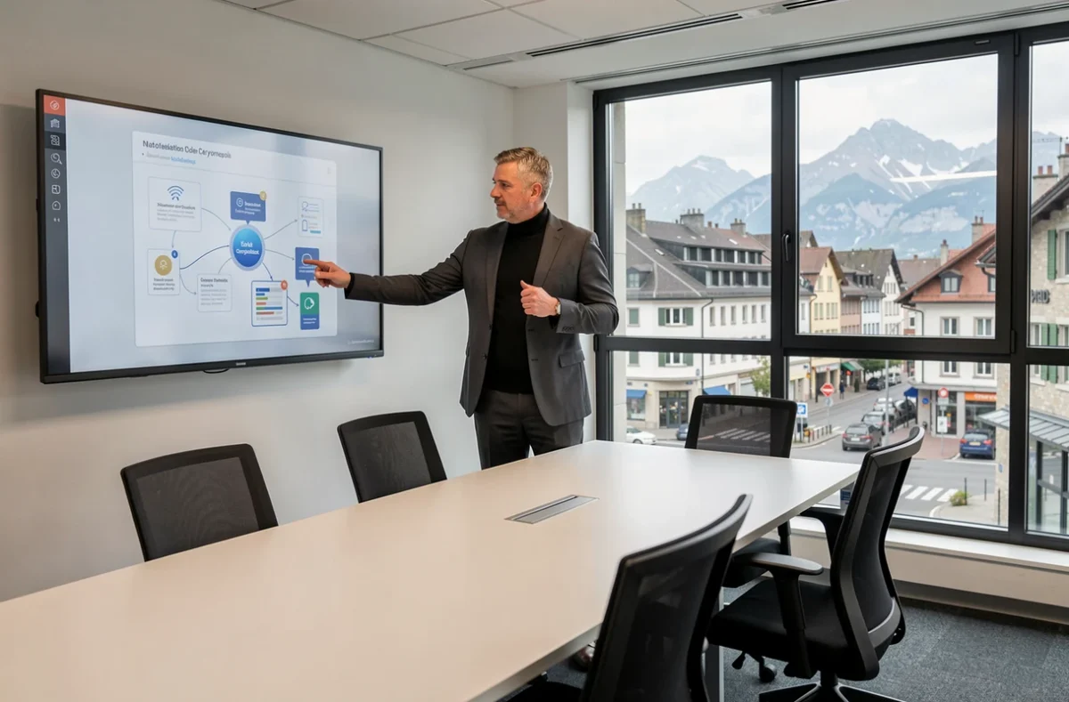 Consultant en communication de FX Com'Unik présentant une stratégie digitale dans une salle de réunion à Grenoble
