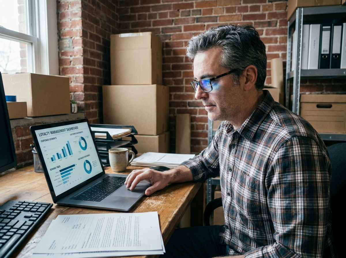 Gérant d'une petite entreprise configurant un programme de fidélité personnalisé sur son ordinateur portable