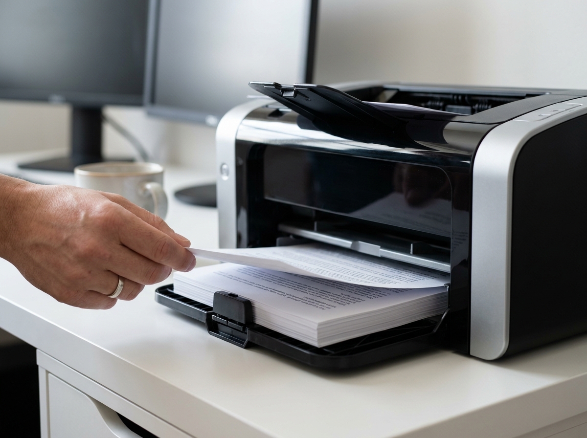 Gros plan sur le bac de sortie d'une imprimante laser avec une main récupérant des documents imprimés net sur un bureau minimaliste