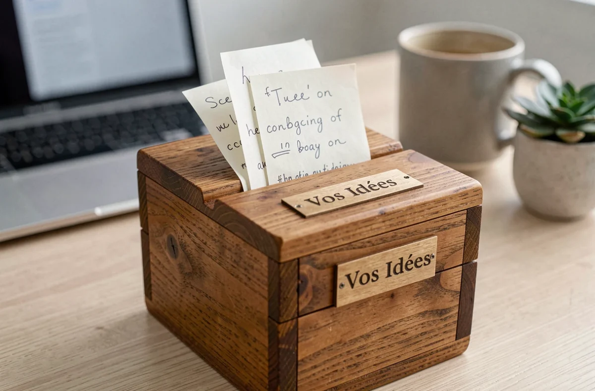 Gros plan sur une boîte à idées en bois sur un bureau d'entreprise moderne