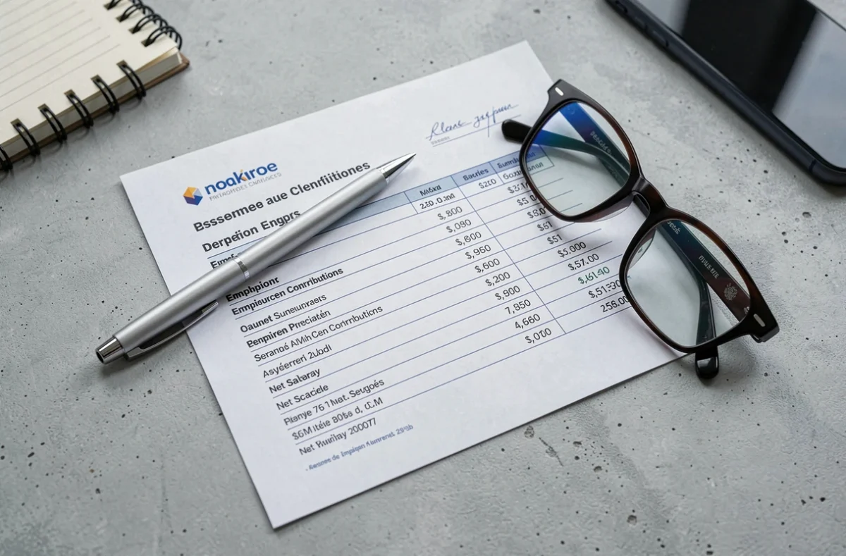 Gros plan d'une fiche de paie en portage salarial avec stylo et lunettes sur un bureau