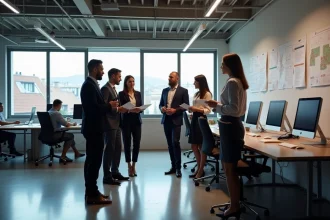 Groupe de professionnels en logistique dans un bureau moderne en France