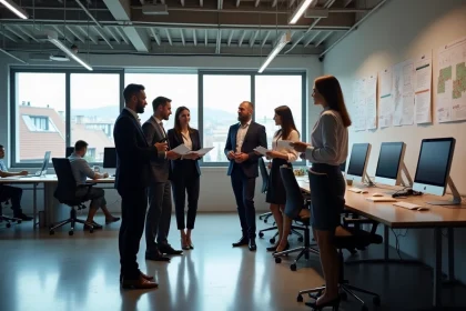 Groupe de professionnels en logistique dans un bureau moderne en France