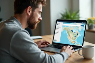 Homme consultant un site de cartographie en ligne sur son ordinateur portable depuis son bureau à domicile