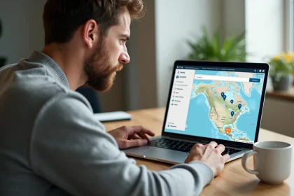 Homme consultant un site de cartographie en ligne sur son ordinateur portable depuis son bureau à domicile