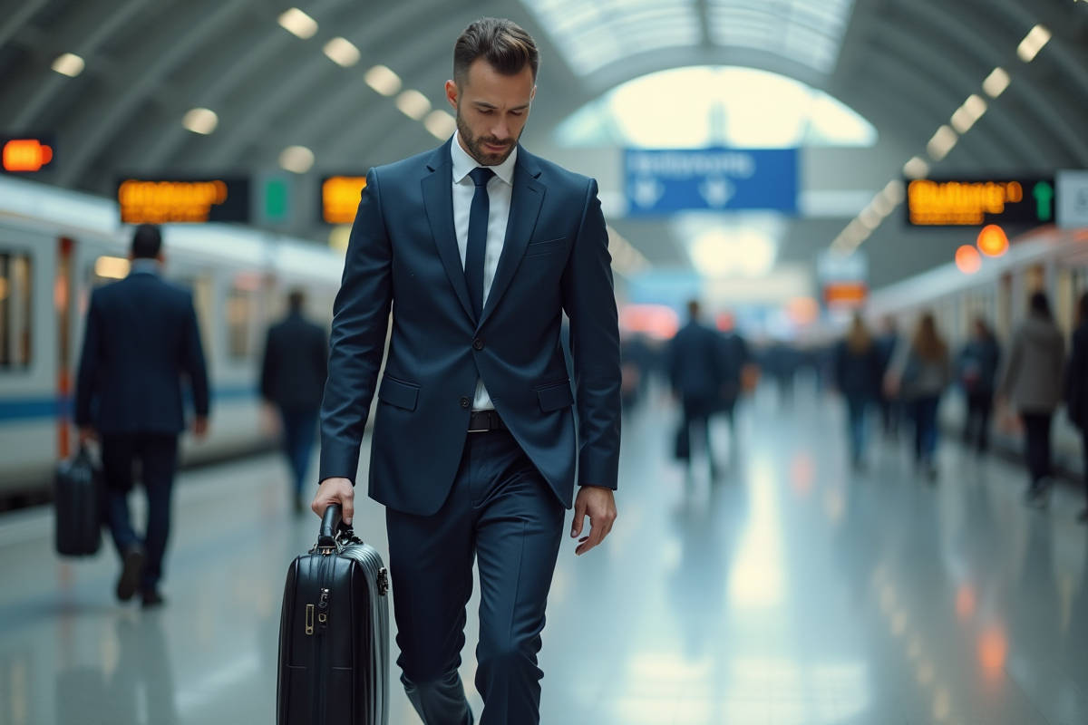 Homme d'affaires en costume dans une gare moderne