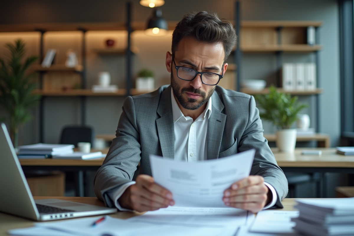 Homme d'affaires français examine des documents financiers