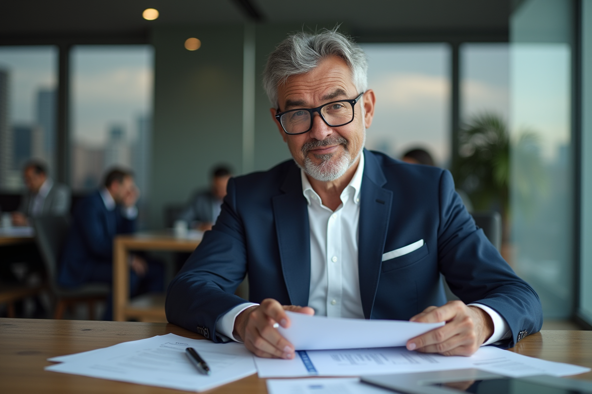 Homme d'affaires en costume bleu examine des documents