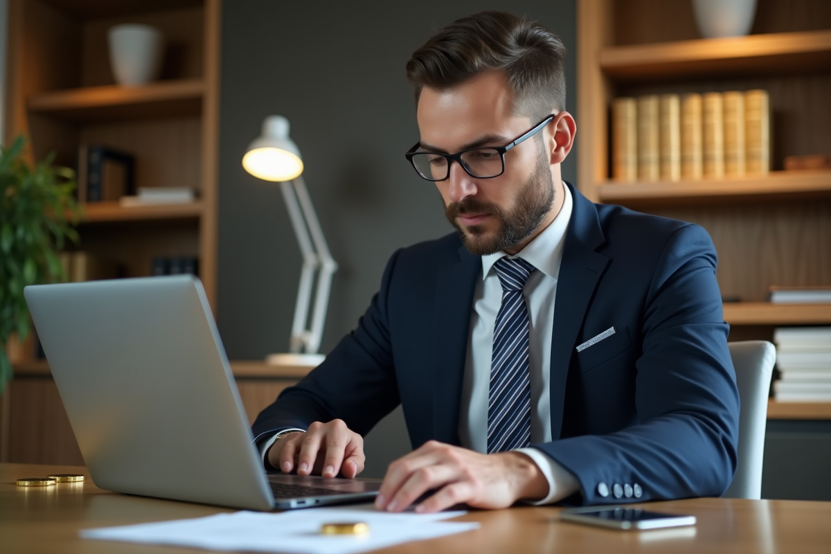 Homme d'affaires en costume regardant sa fiche de paie numérique