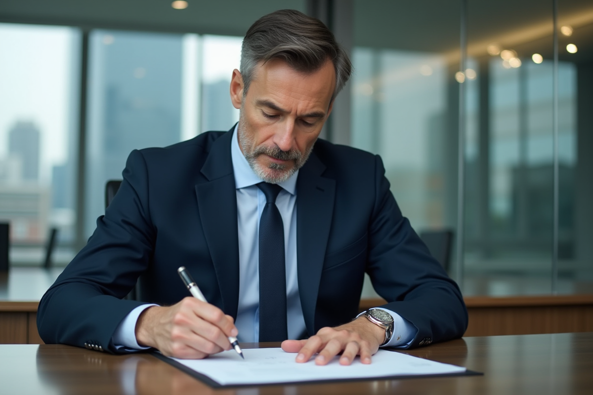 Homme d'affaires en costume bleu dans une salle de réunion moderne