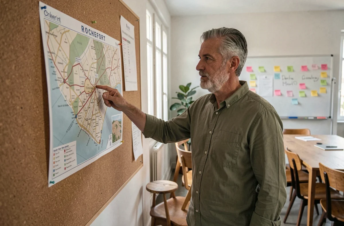 Homme consultant une carte de Rochefort dans un espace de coworking collaboratif avec tableau et notes