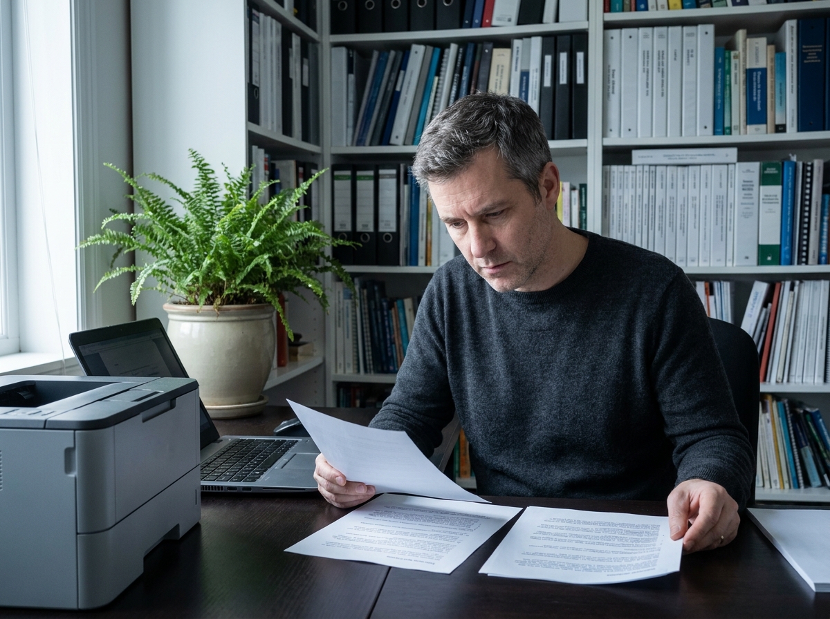 Homme d'affaires comparant des documents imprimés avec une imprimante laser dans un bureau privé bien rangé