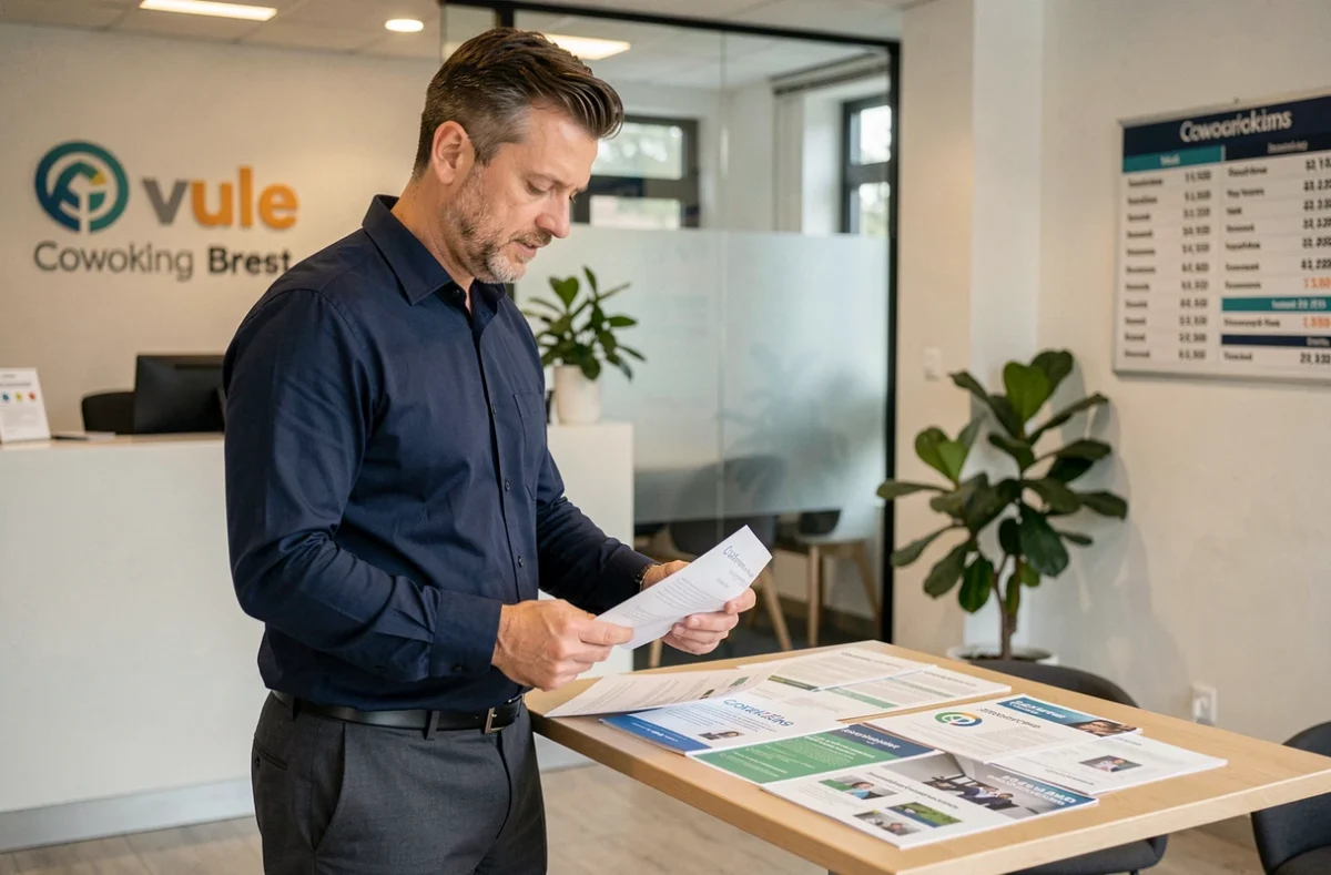 Homme comparant des offres d'abonnement dans un espace de coworking à Brest avant de réserver