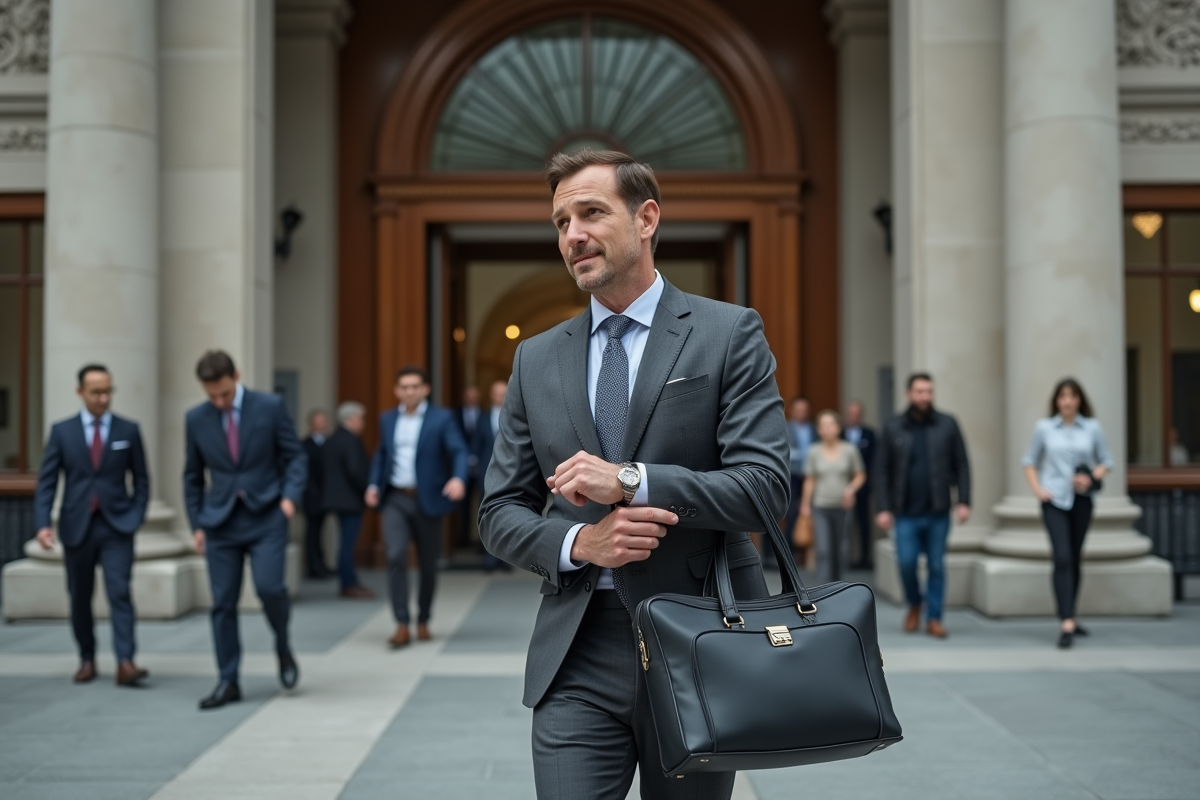 Homme professionnel marchant devant un tribunal international
