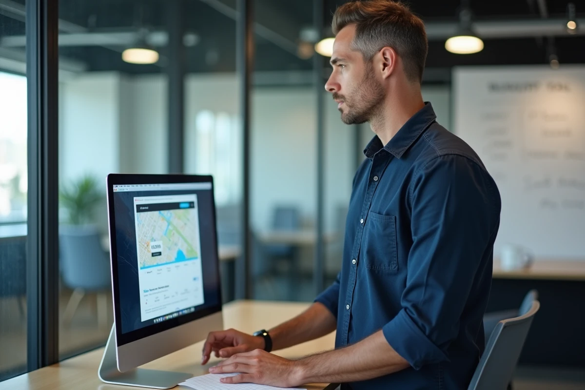 Homme en espace de coworking accédant à un site de cartographie en ligne via un ordinateur de bureau