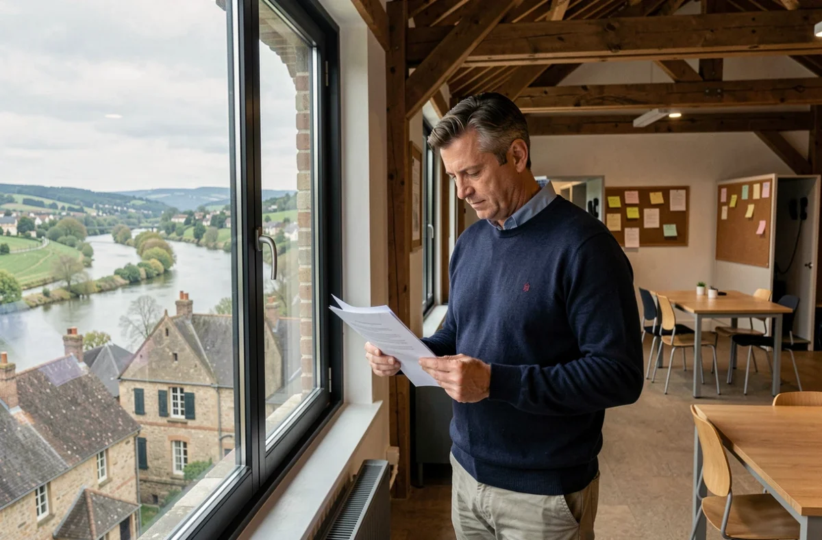 Homme travaillant près d'une fenêtre dans un coworking avec vue sur la vallée du Lot à Cahors