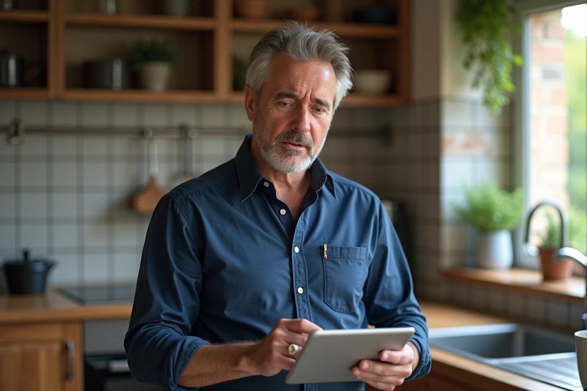 Homme consultant un service administratif en ligne sur tablette depuis sa cuisine à domicile avec une expression de perplexité