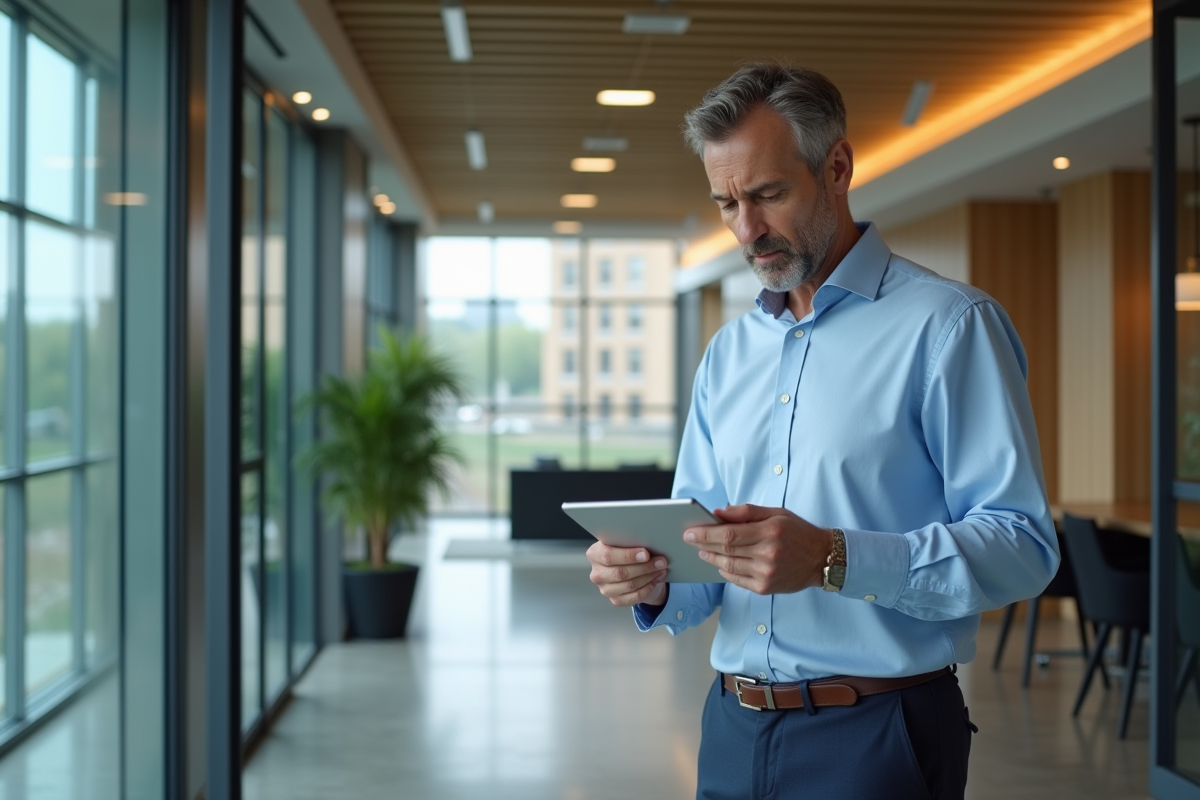 Homme professionnel lisant un message sur une tablette dans un hall moderne