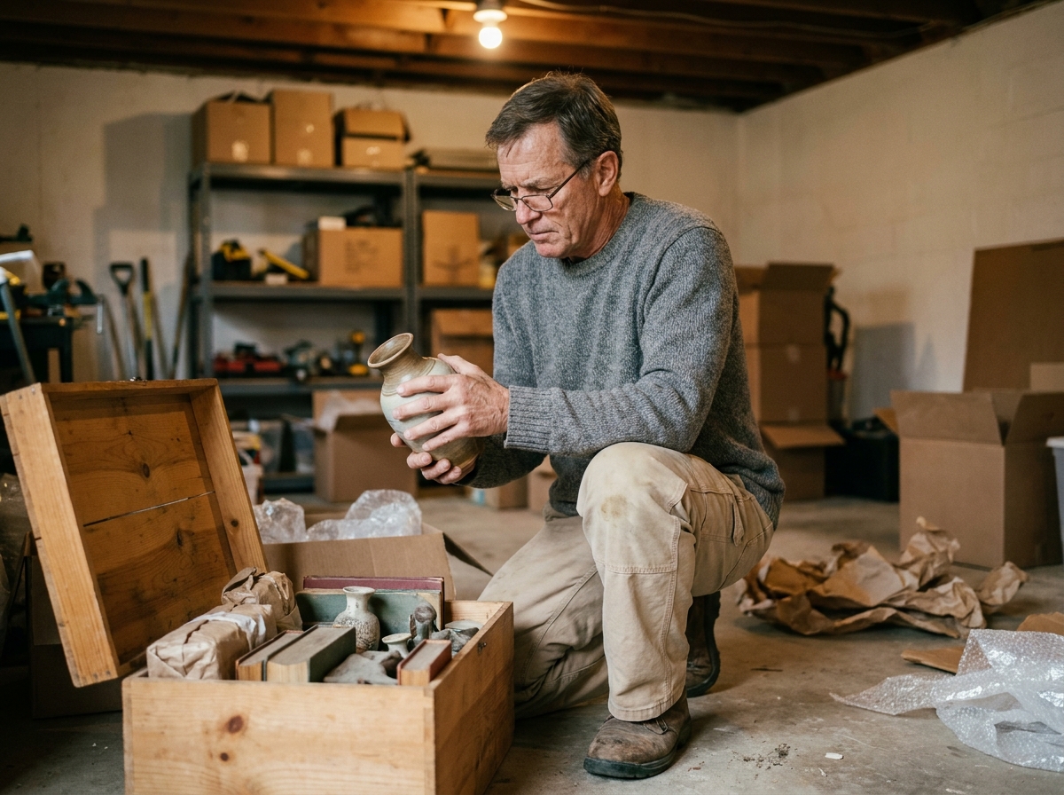 Homme âgé examinant des objets anciens dans un garage lors du tri méthodique d'une maison avant sa mise en vente