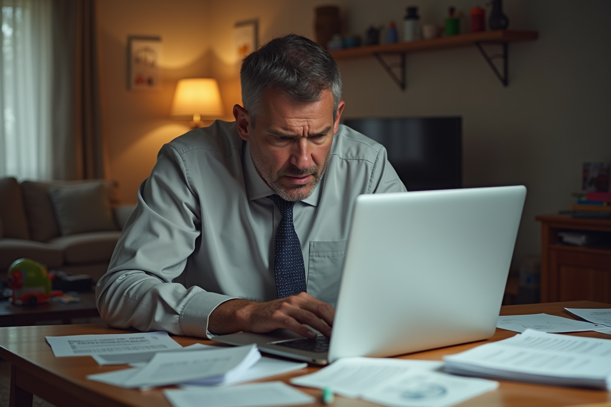 Homme fatigué assis à une table encombrée à la maison