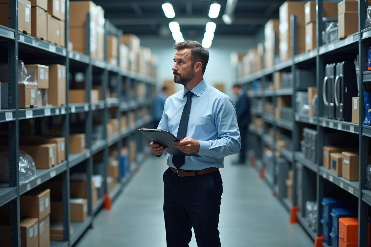 Homme d affaires vérifiant l inventaire dans un bureau moderne