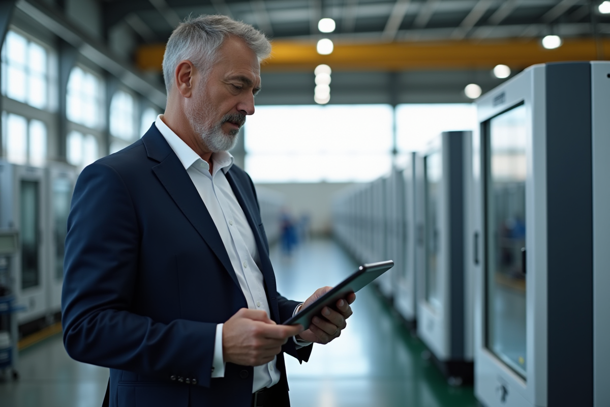 Homme d'âge moyen inspectant une machine industrielle moderne