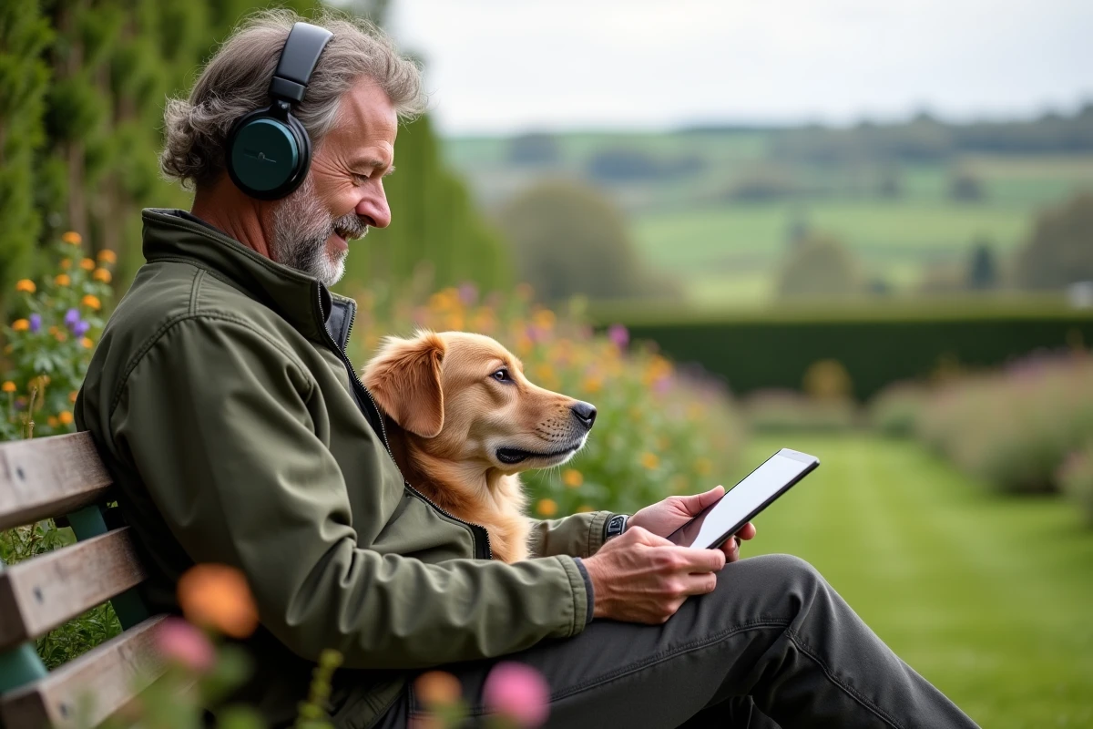 Homme travaillant dans un jardin rural avec son chien