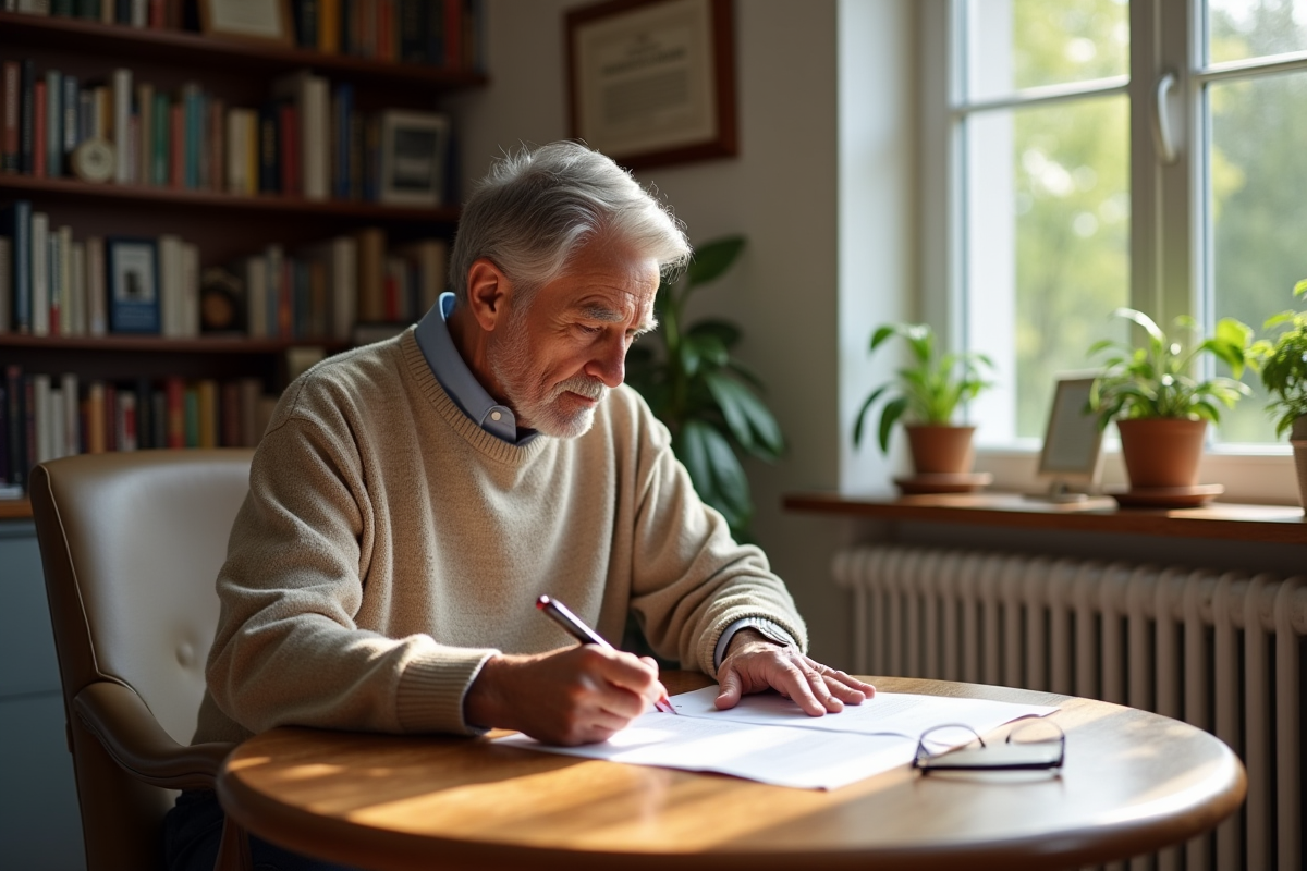 Homme senior étudie des documents dans un bureau lumineux