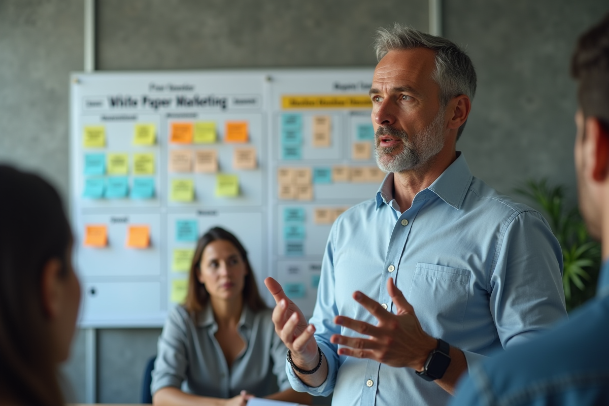 Homme expliquant une stratégie marketing avec notes colorées