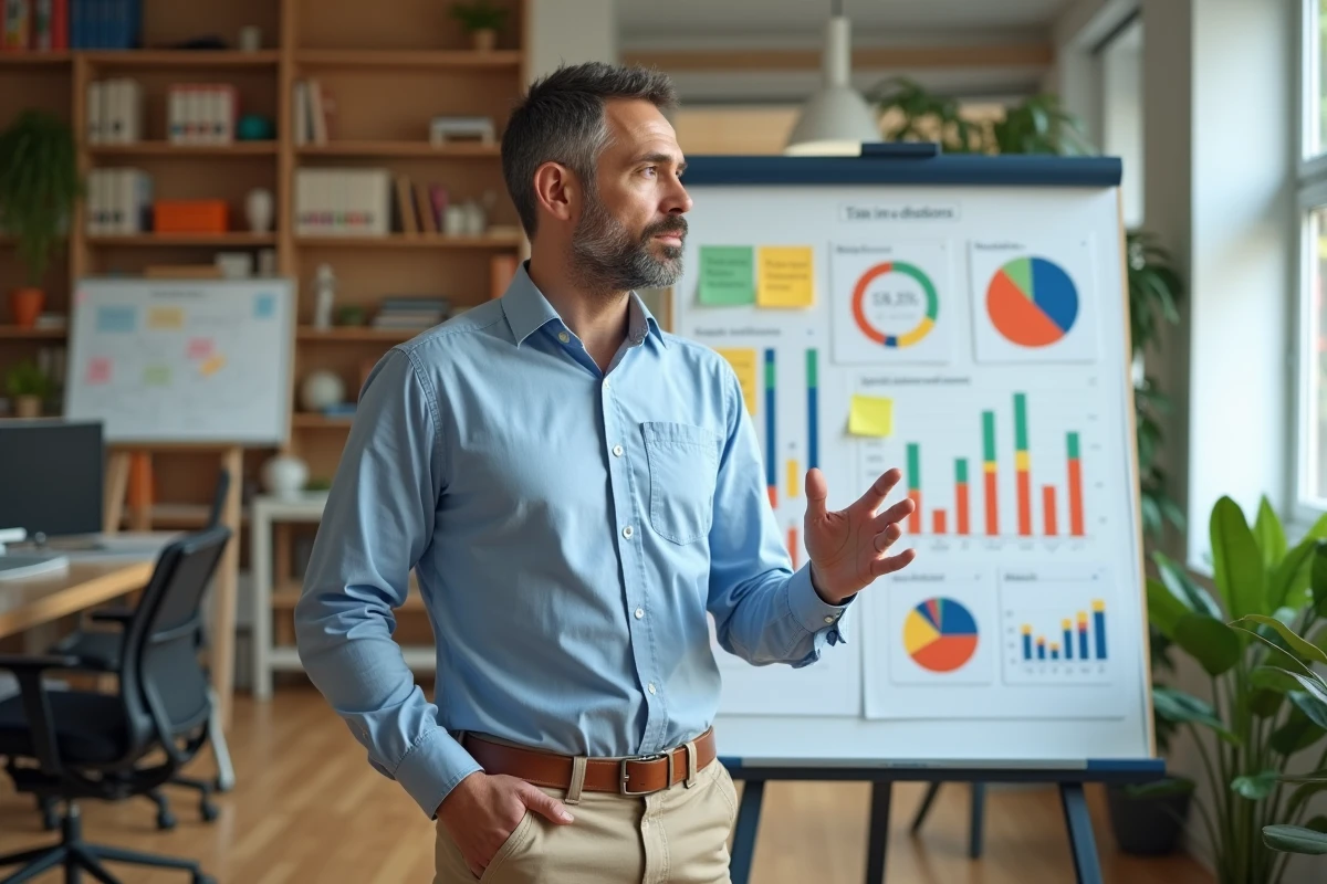 Homme expliquant des graphiques financiers en coworking