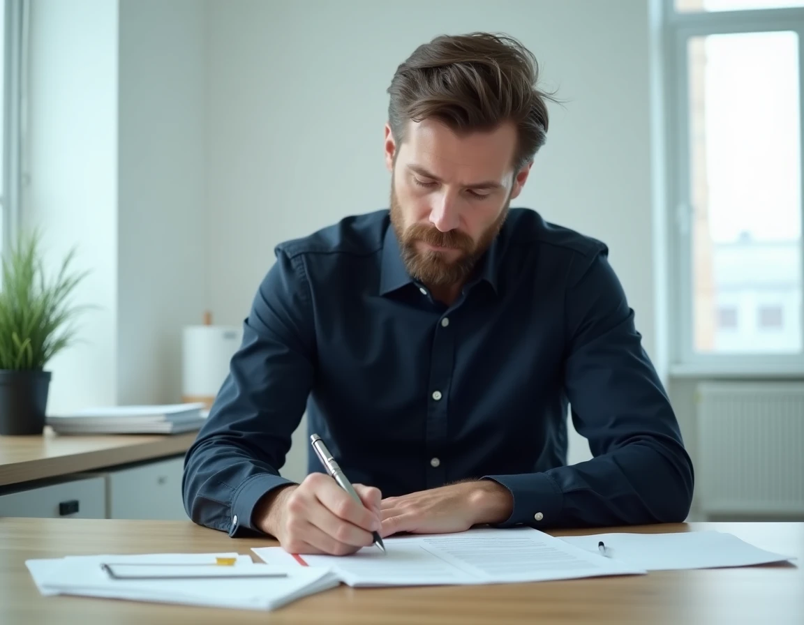 Homme rédigeant un courrier formel de contestation de prélèvement bancaire dans un bureau administratif