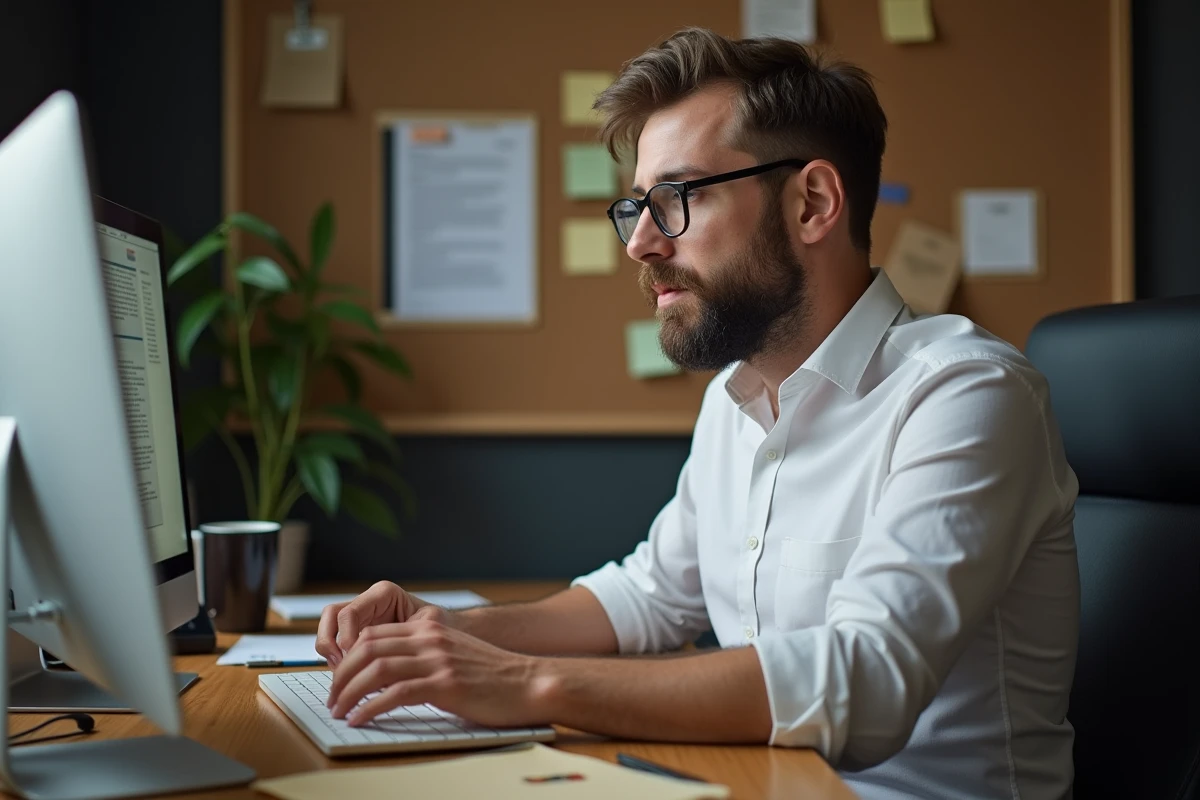 Homme en chemise blanche rédigeant une note de service sur ordinateur dans un bureau avec dossiers et documents