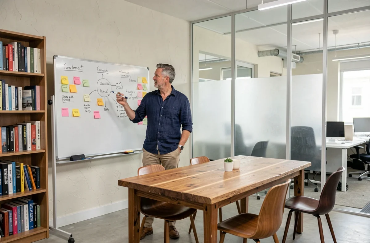 Homme d'affaires en session de brainstorming devant un tableau blanc dans une salle de réunion de coworking à Angoulême