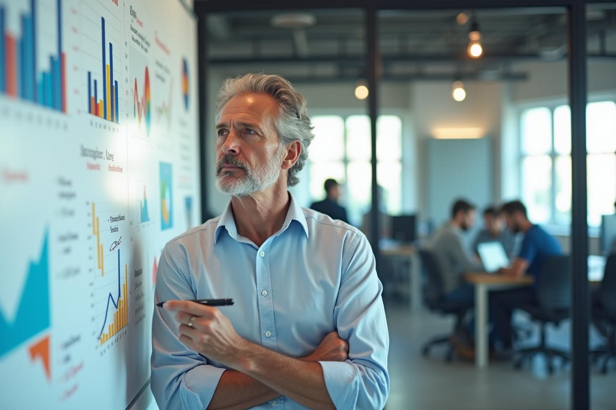Homme daffaires analysant un whiteboard coloré