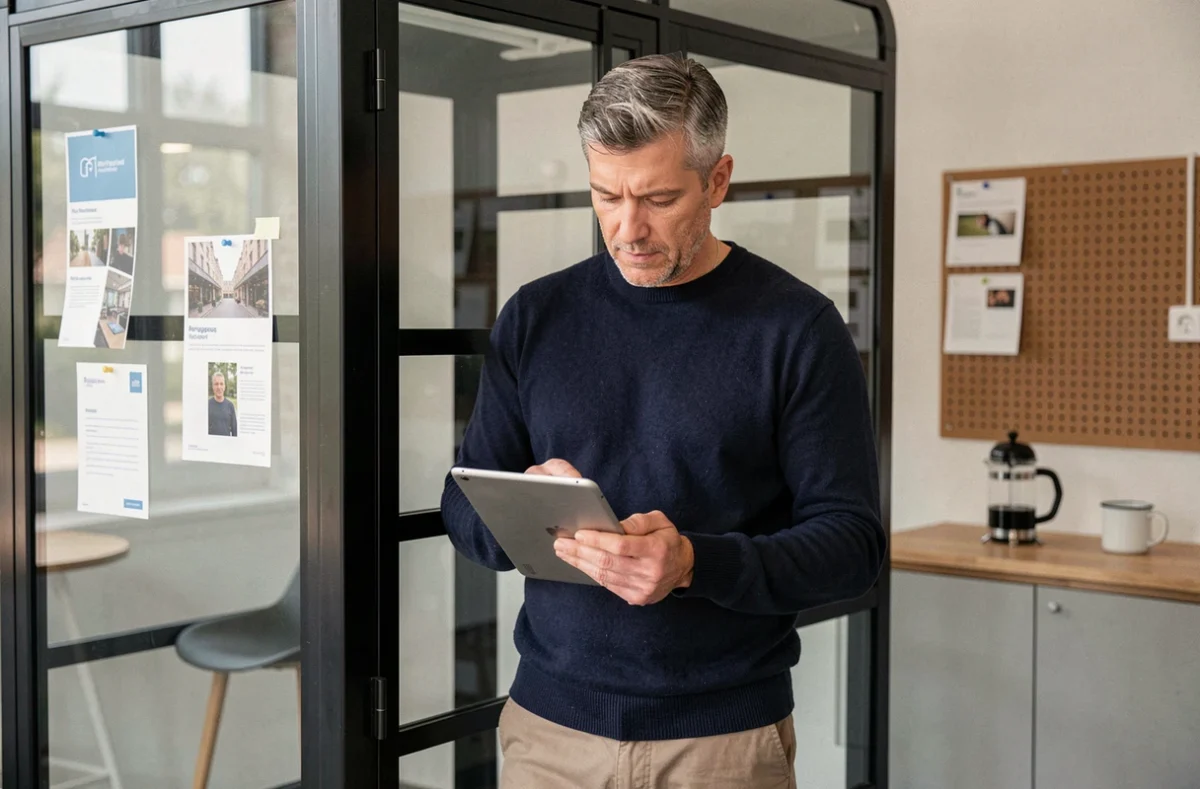 Homme consultant sa tablette dans un espace de coworking calme et contemporain à Périgueux