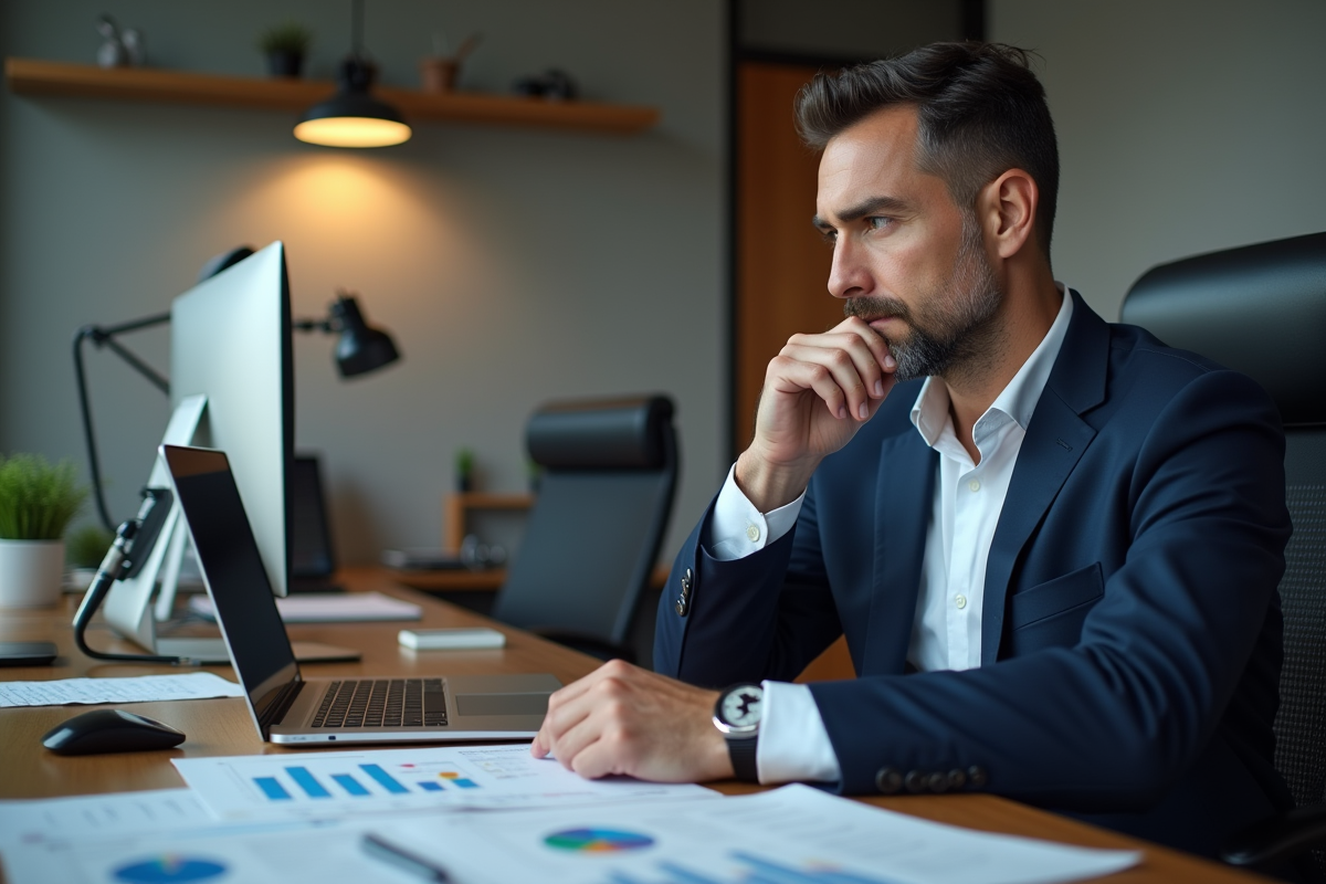 Homme d'âge moyen travaillant sur un ERP dans un bureau moderne