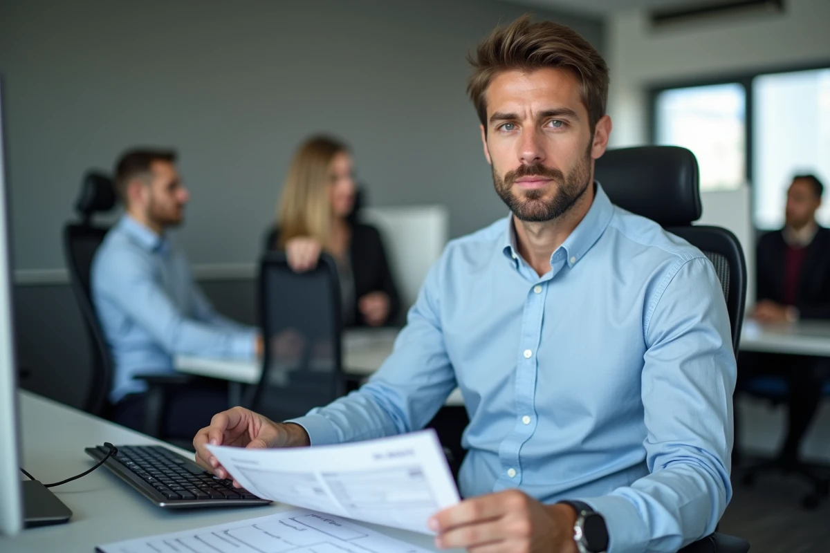 Homme vérifiant des bulletins de salaire imprimés dans un environnement de bureau professionnel