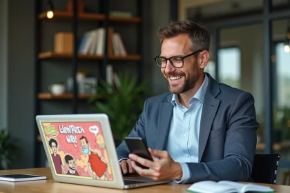 Homme d'affaires souriant avec smartphone et ordinateur
